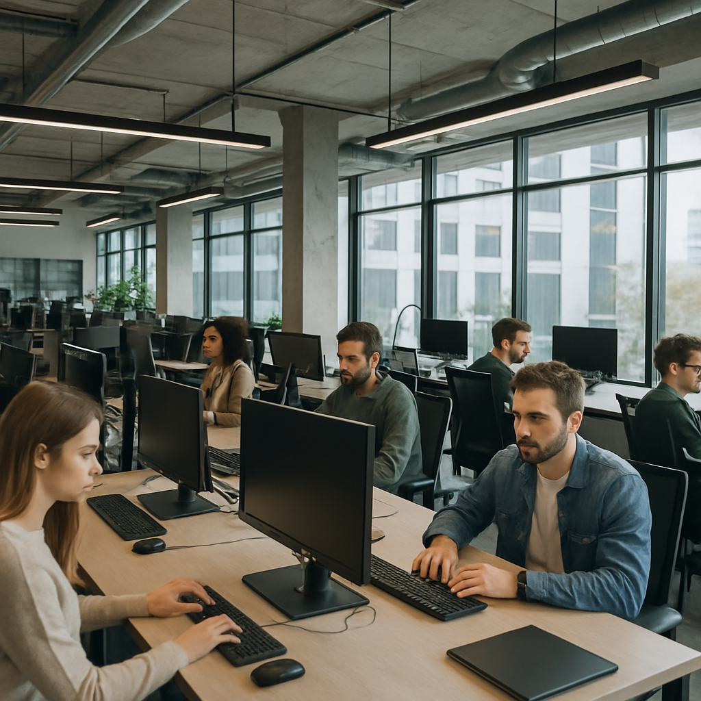 офис современной технологической компании с компьютерами